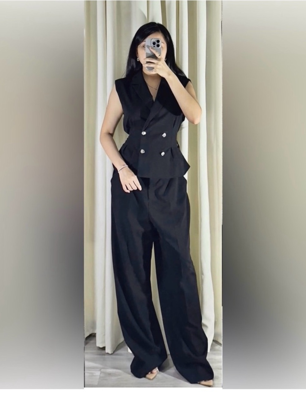 Zara Classic Black Sleeveless Blazer & Wide-Leg Pants Set NWT (small rip, rt leg